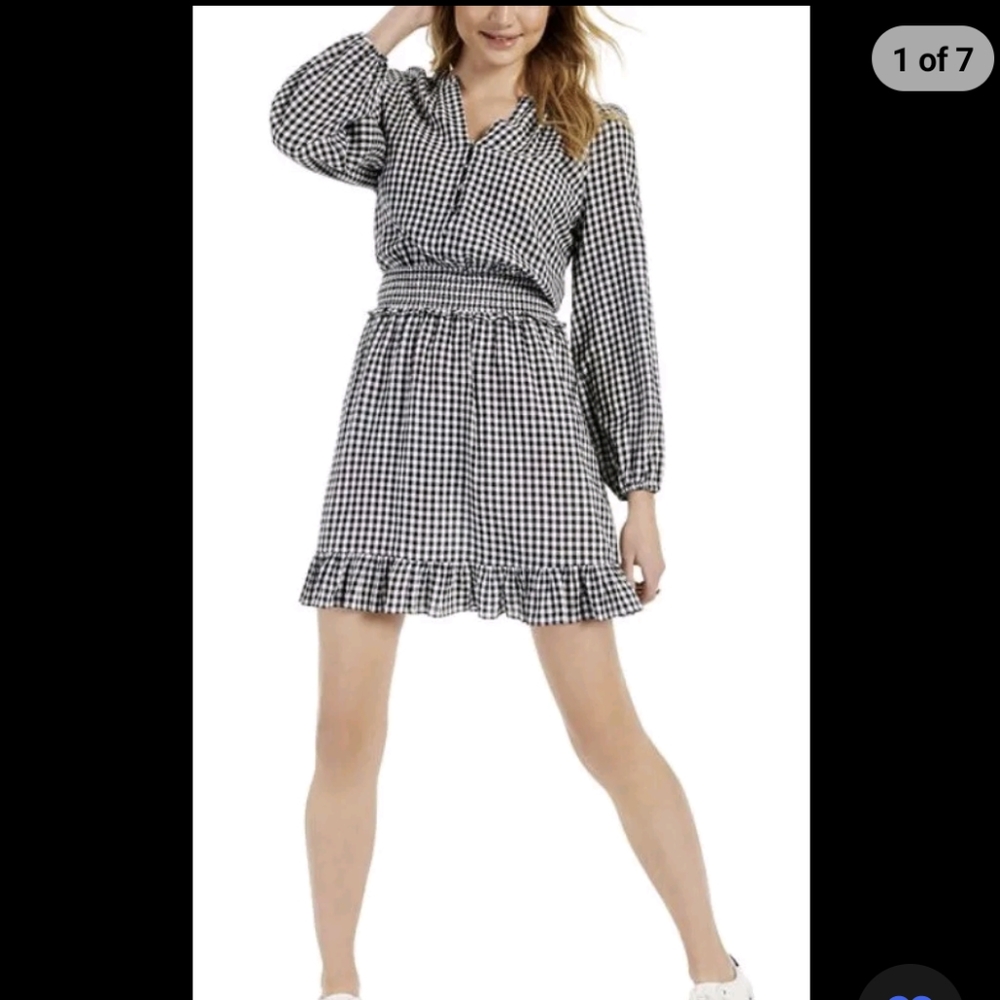 NWT Tommy Hilfiger Smocked Gingham Black Plaid Dress